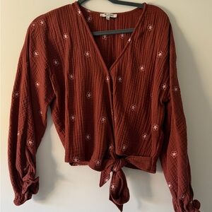Madewell Maroon Embroidered Tie-Front Blouse